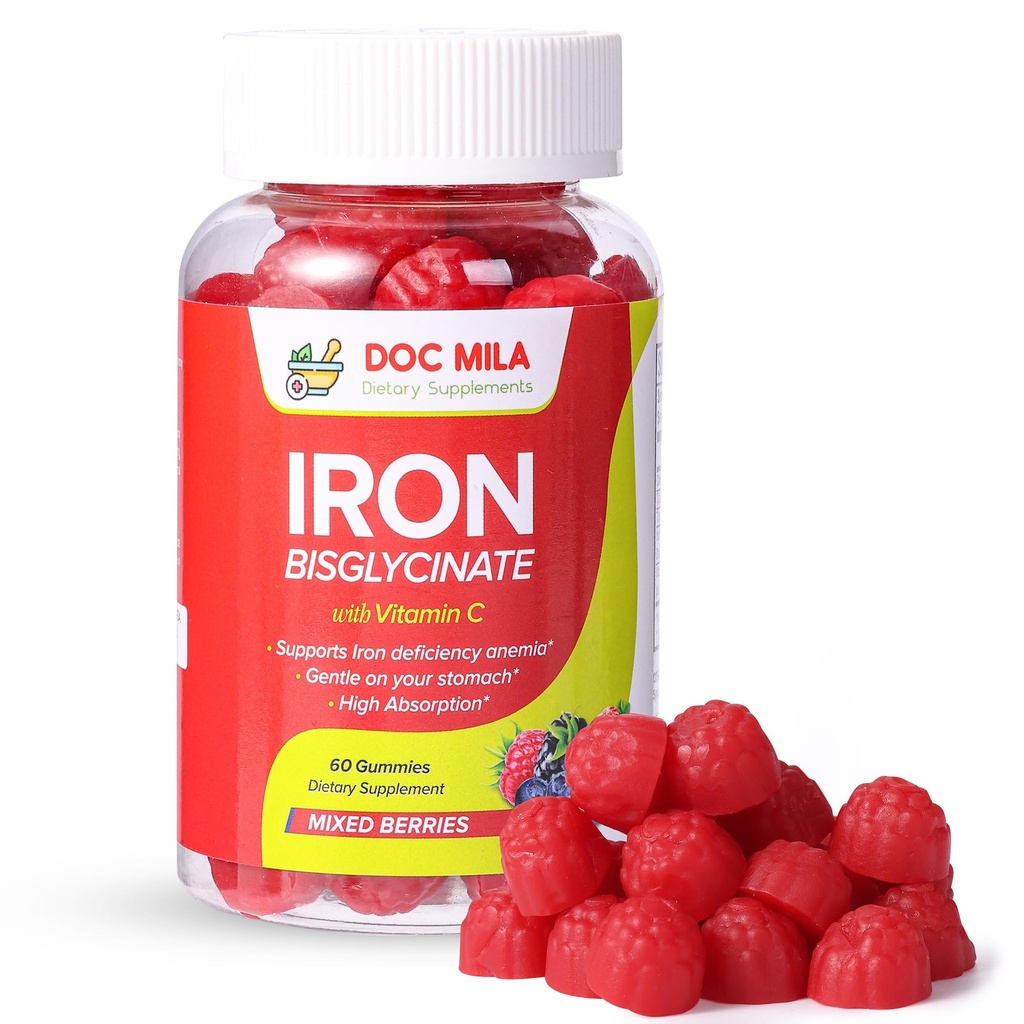 Suplemento de hierro para niños y adultos - Iron Bisglycinate Gummies 25mg con Liposomal VIT C - Suplemento de Hierro Chelated para Mujeres y Hombre - 60 Gummies, 1 Mes de Suministro