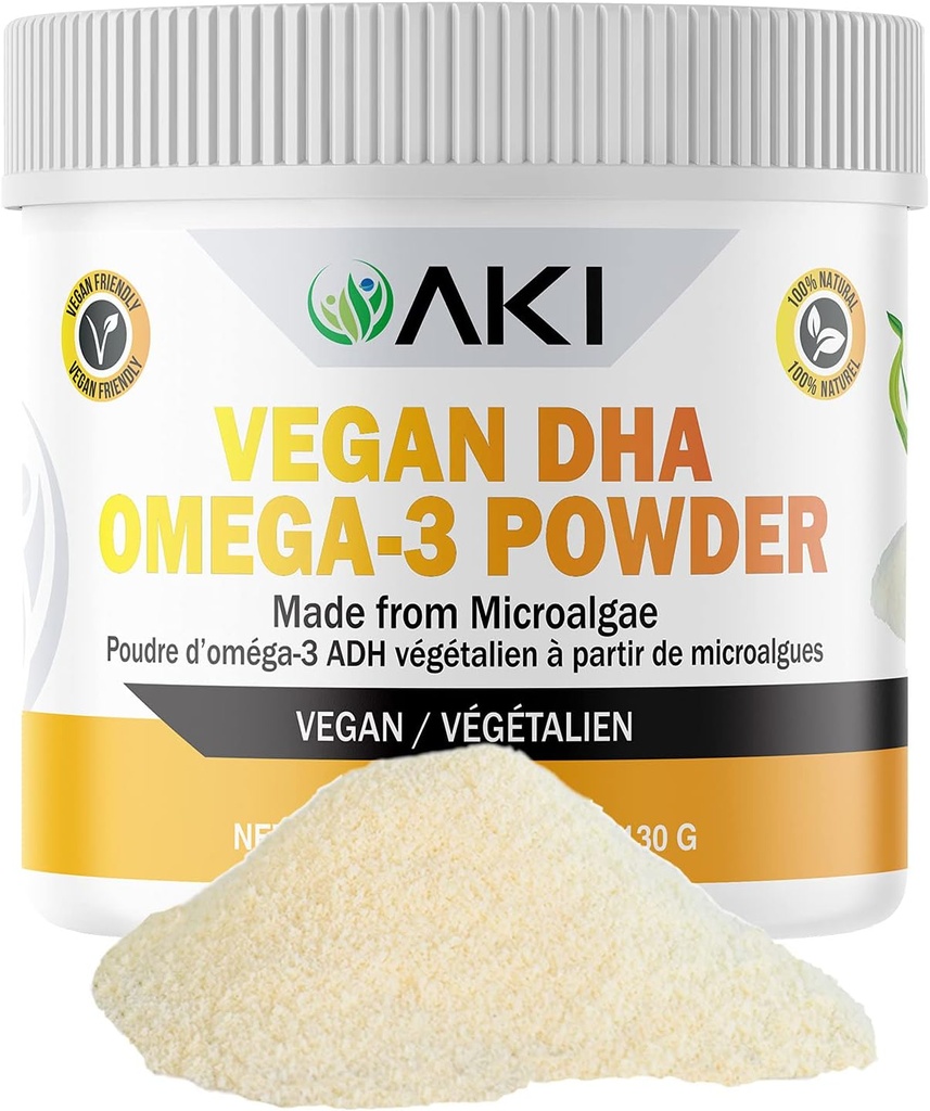 AKI Omega 3 DHA Micro Algae Powder Suplementos - Planta Basada Keto Vitamina - Alternativa a Pez o Aceite Krill - Vegan & No GMO (4.58oz/130g)