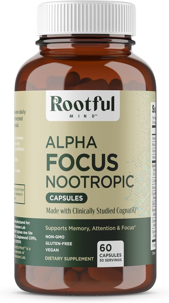 Alpha Focus Nootropic - Memoria y Foco Brain Booster Suplemento con Choline, Citicoline, GPC, L-Tyrosine, Bacopa Monnieri, DMAE, Gingko Biloba, Lion's Mane, Niacinamide - 60 cápsulas