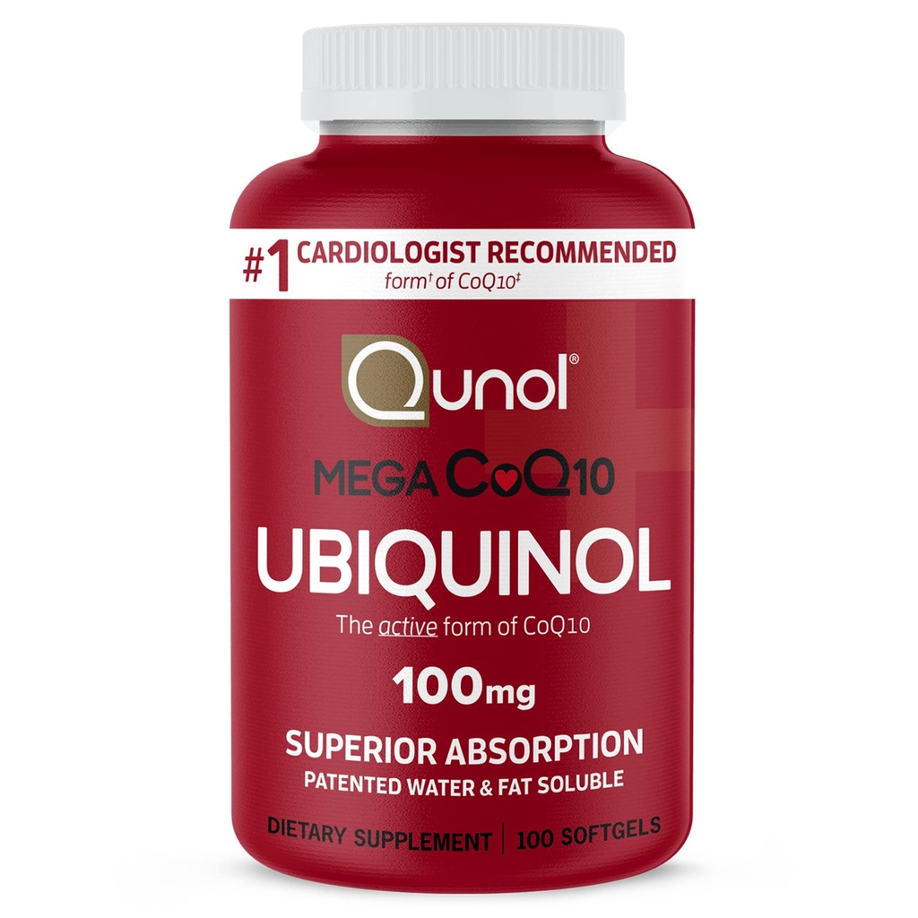 Qunol Mega Ubiquinol 100mg CoQ10, Absorción superior, Agua patentada y grasa Soluble suplemento natural Forma de Coenzima Q10, Antioxidante para la salud del corazón, 100 cuenta Softgels.