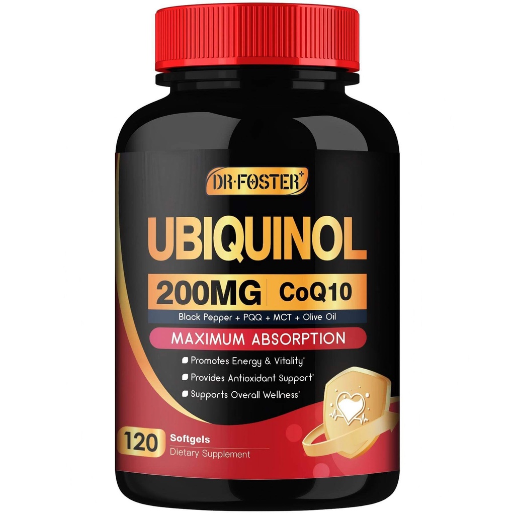 DRFOSTER Coq10 Ubiquinol 200mg, Coq10 200mg Softgels, Max Absorption Ubiquinol con vitamina E &amp; PQQ & Negro Pimienta, potente antioxidante, 120 Softgels