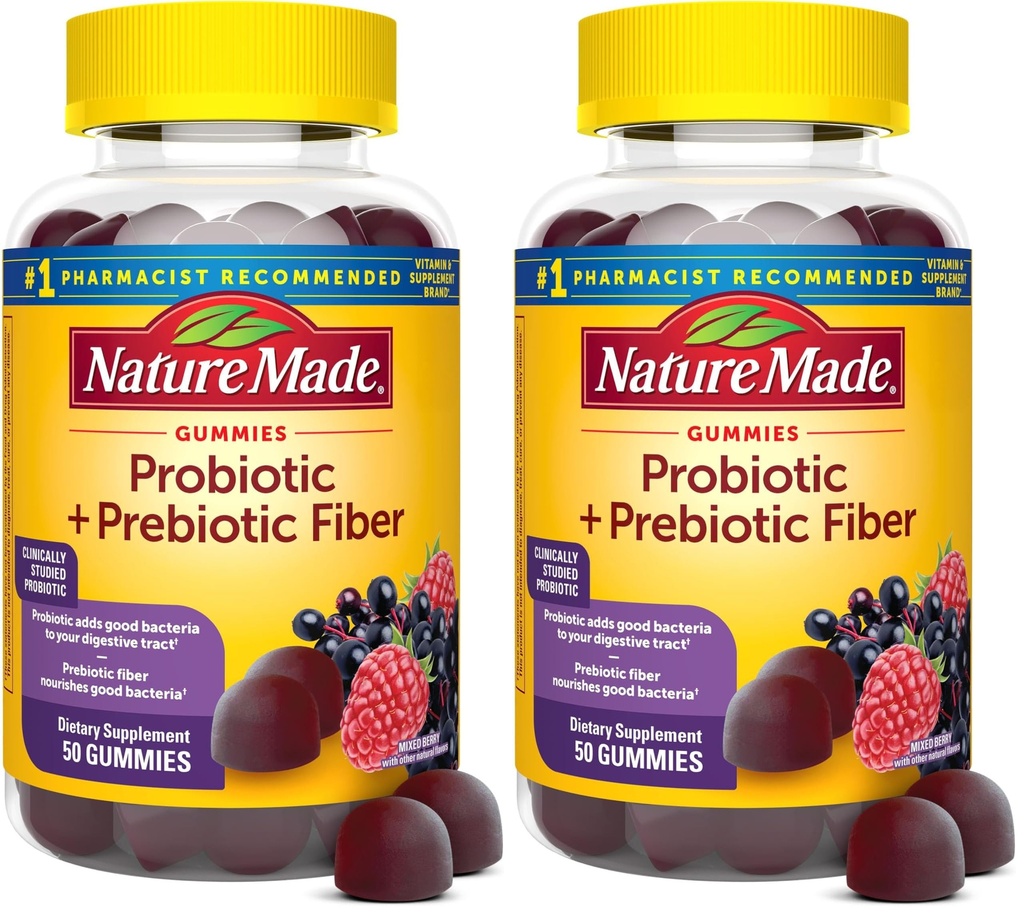 Nature Made Probiotic + Prebiotic Fiber Gummies for Daily Gut Health,Fiber Supplement with Probiotics for Digestive Health Support,50 Gummies,25 Day Supply,(Pack of 2)