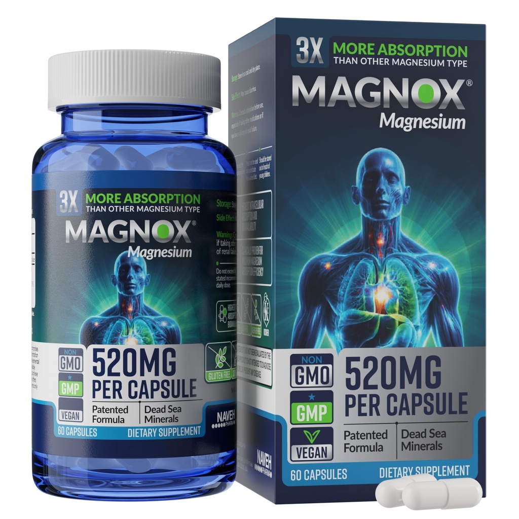 MAGNOX® 520 Ø Magnesium Supplement 520mg of High Absorption Magnesium for Men &amp; Women with Dead Sea Minerals TEN 3X Más Absorption TEN Fórmula patentada