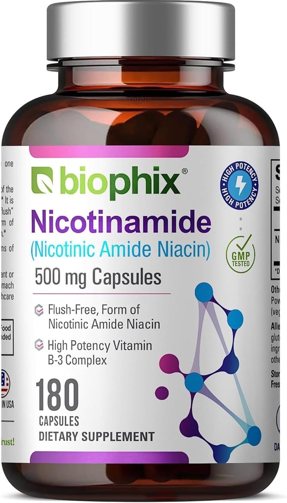 biofijo B-3 Nicotinamida 500 mg 180 Caps - Niacina Niacina libre de fluido natural Fórmula - Apoyo a la salud celular de la piel