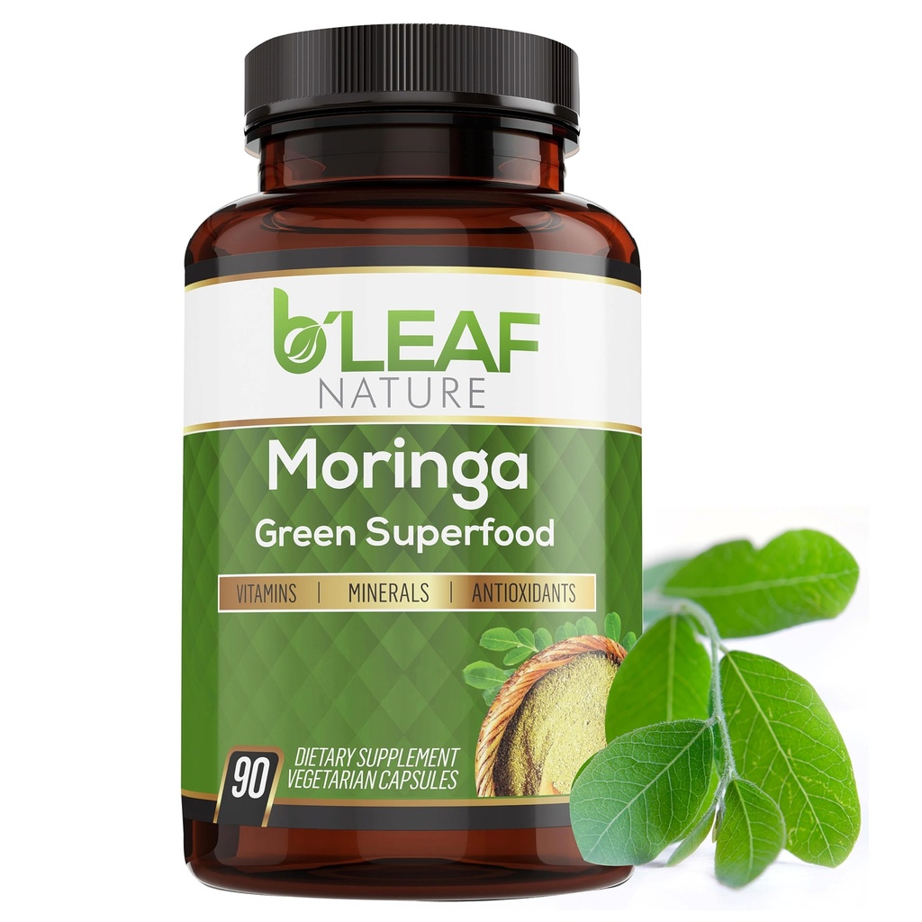 B'LEAF NATURE Orgánica Moringa Capsules 1000mg, 90 Conde – Moringa Capsules con Olefeira Orgánica Polvo para Apoyo Inmunitario, Energía & Balance – Vegan, Suplementos No OGM para el Bienestar Diario
