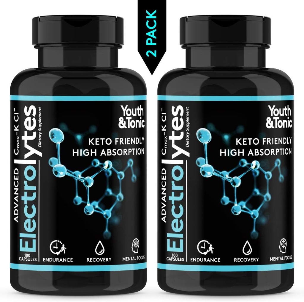 Suplemento de electrolito completo w alta biodisponibilidad y Cmax Chloride Potassium Magnesium para la resistencia Muscle Recuperación mental Focus. Rehidratación rápida Salts y Keto Friendly Pills con 200 caps