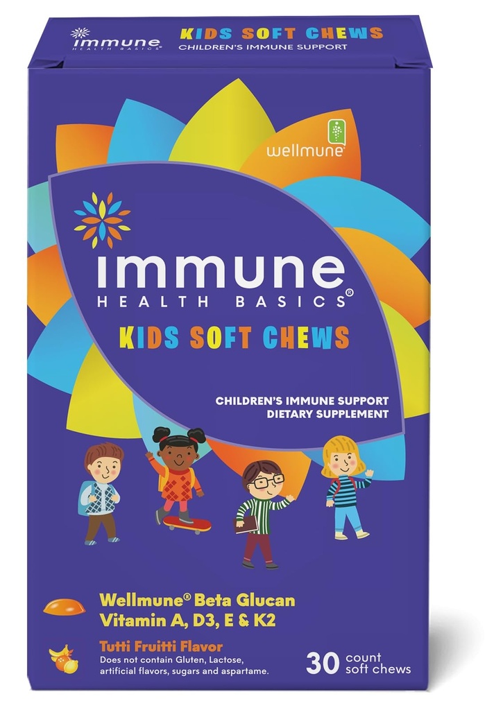 Kids Soft Chews with Wellmune® ← Natural Beta Glucan Supplement for Immune Support " Daily Wellness " Allergen-Free " No Añadido Sugar TEN Tutti-Frutti Flavor, 30 Soft Chews