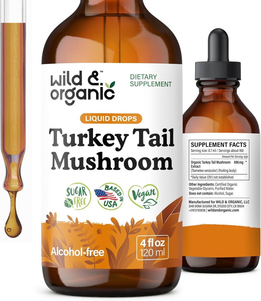 Wild & Organic Turquía Tail Mushroom Tintura - Immune Support Drops with Turkey Tail Extract - Liquid Mushroom Supplement for Gut Support - Vegan, Sugar & Alcohol-Free - 4 fl oz