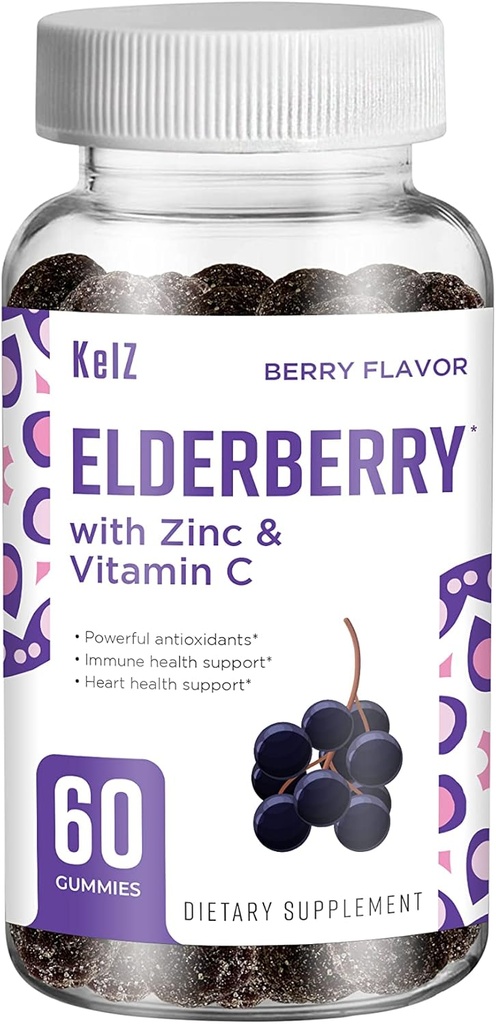 KelZ Elderberry con Zinc & Vitamina C Suplemento Gummies, Berry Flavor, 60 Conde (Pack of 1)