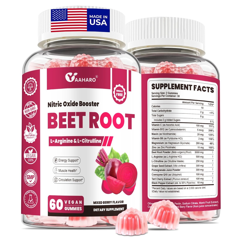 Beet Root Gummies - Nitric Oxide Booster Suplementos para Hombres Mujer con Beetroot, L-Citrulline & L-Arginine - Heart, Muscle & Circulation Support - Sugar Free, Vegan, Mixed Berry Flavor, 60 Gummies