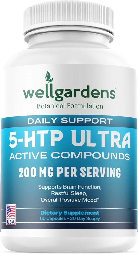 100% Puro 200 MG 5-HTP Ultra para el sueño saludable y el sentido del bienestar - Soporte Mood, estrés, sueño - 5HTP Suplemento con calcio - 60 5HTP 200mg cápsulas, 30 servicios