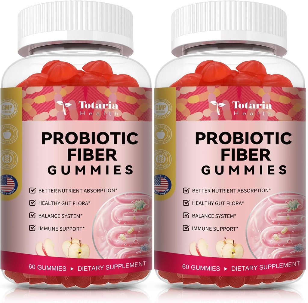 9-en-1 Gummies de fibra probiótica para adultos " adolescentes 16G fibra por ser, suplemento de fibra de Psyllium con 5 millones de francos CFU Bacillus Coagulans, Inulin, ACV para digestivo, Gut & Immune Wellness - 2 botellas