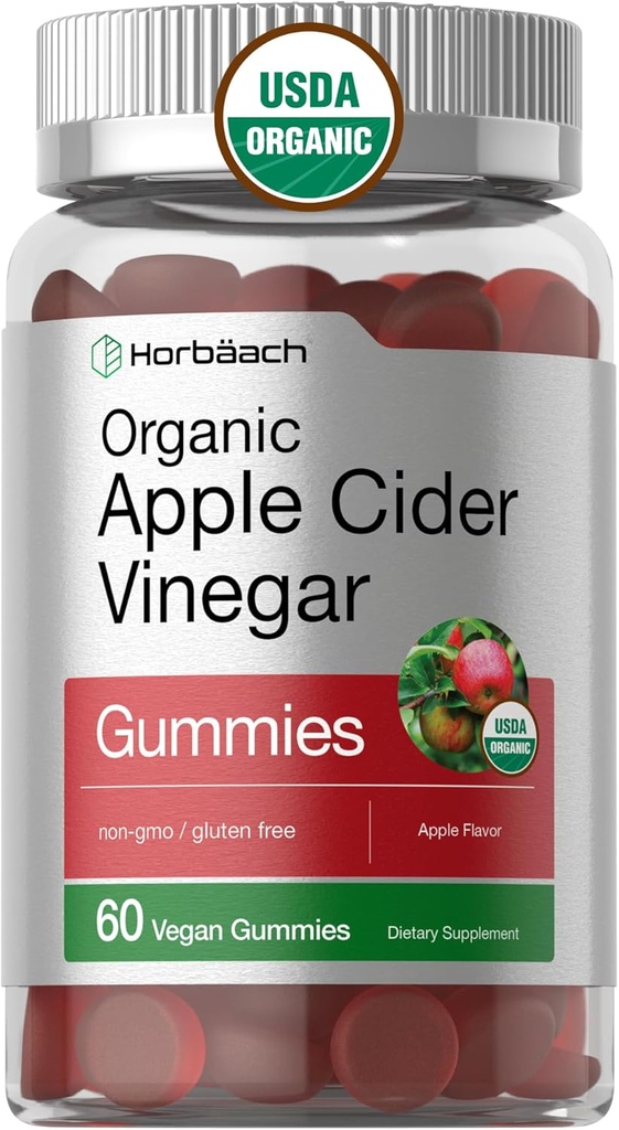 Horbäach Organic Apple Cider Vinegar Gummies TEN 60 Gummies ANTE Vegan, Non-GMO & Gluten-Free Supplement TEN USDA Organic ACV ← Apple Flavor