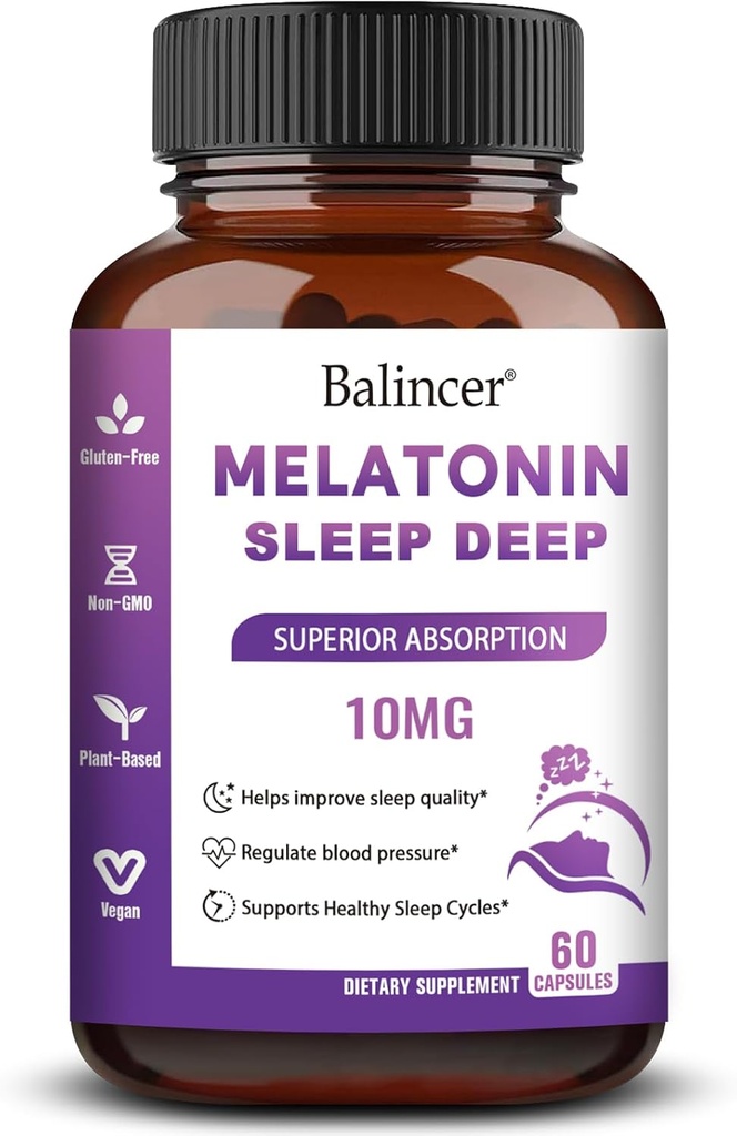 Melatonina 10 mg + L Theanina 5 mg " Magnesio 5 mg, Apoyo al sueño respetuoso para adultos, sin hábitos que forman suplemento de ayuda al sueño para la calma y la relajación, Vegan, No GMO, 60 cápsulas