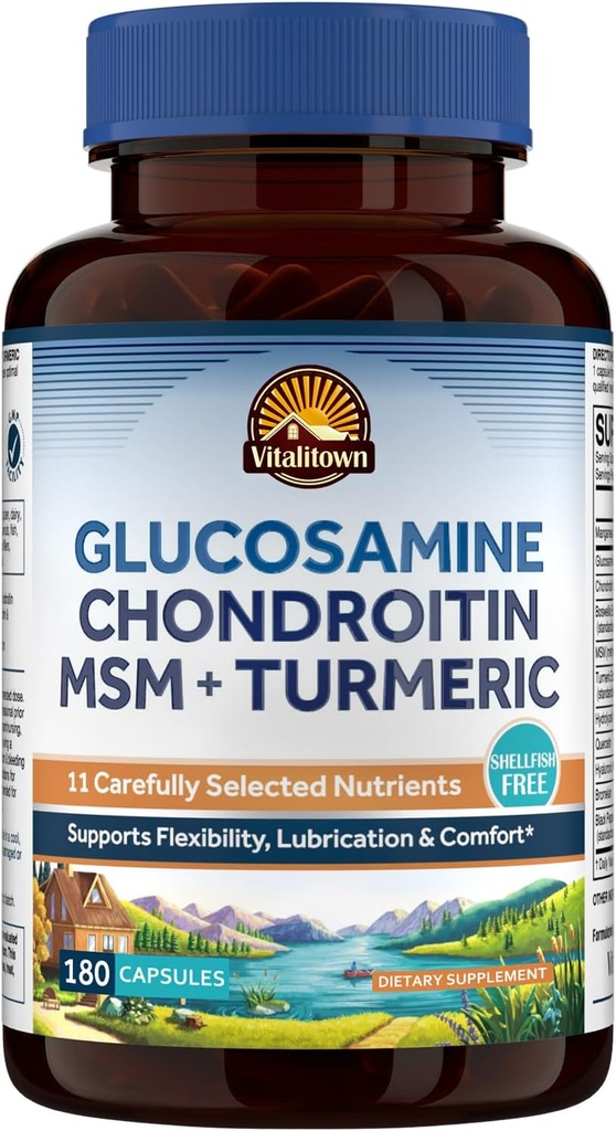 Vitalitown Glucosamine Chondroitin MSM, Turmeric, Collagen, Hyaluronic Acid, Boswellia, Quercetin, 11-in-1 Fórmula, Glucosamine Sulfate 1500 mg, No Shellfish, Flexibility & Comfort, 180 Caps