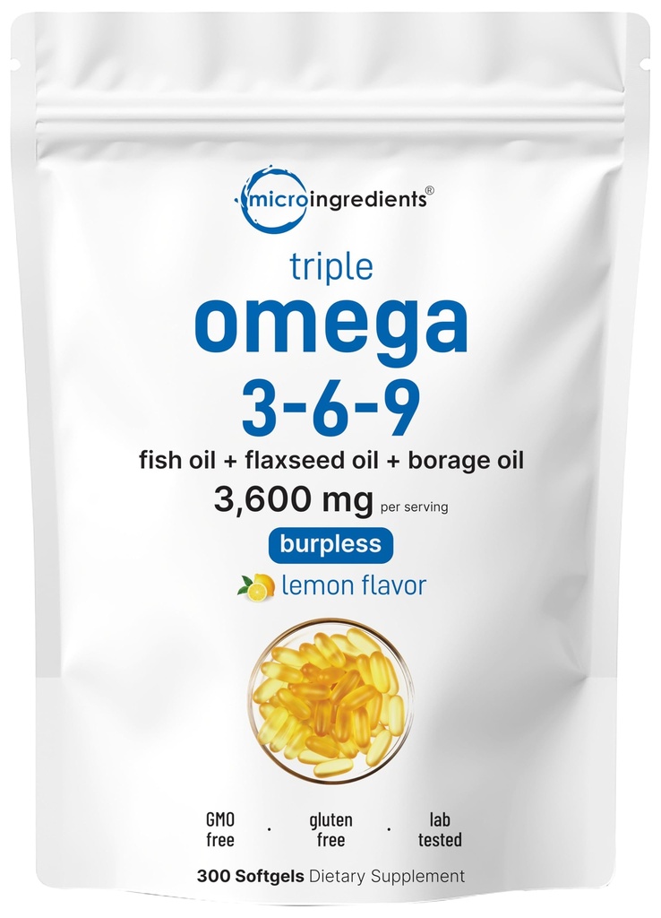 Ultra Omega 3-6-9 3600mg Por Serving, 300 Burpless Softgels  Lemon Flavor – Blend of Fish, Flaxseed, Borage Oils ← Bioavailable Source, Non-GMO, No Gluten, Mercury Free