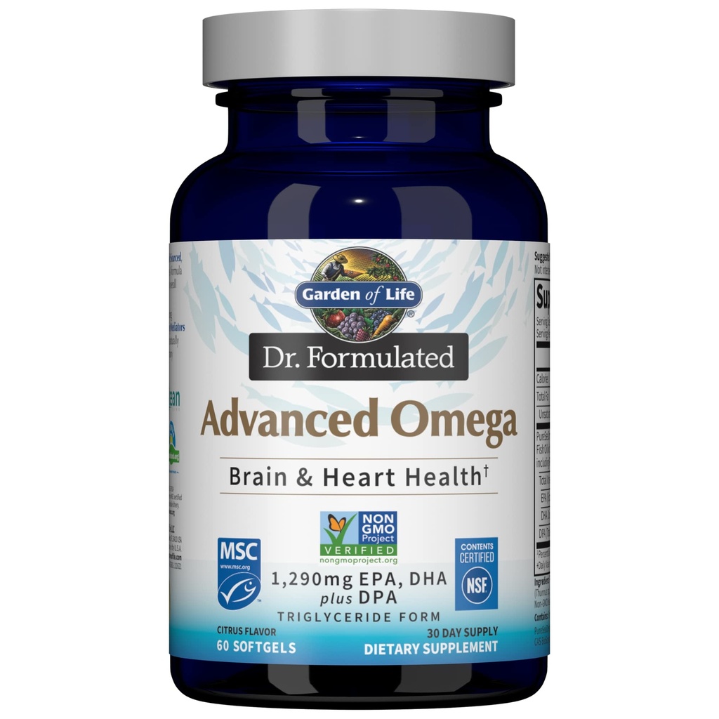 Garden of Life Dr. Formulated Advanced Omega Fish Oil-Lemon, 1,290mg EPA,DHA+DPA in Triglyceride Form,Single Source Omega 3 Supplement for Ultimate Brain & Heart Health,Non-GMO,60 Softgels (Pack of 6)