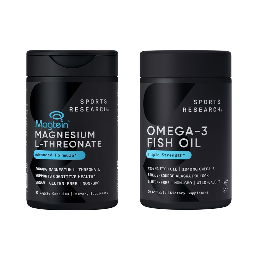Sports Research® Cognitive Health Support Pack - Triple Strength Omega 3 Fish Oil EPA DHA Fatty Acids from Wild Alaskan Pollock & Magtein Magnesium L-Threonate