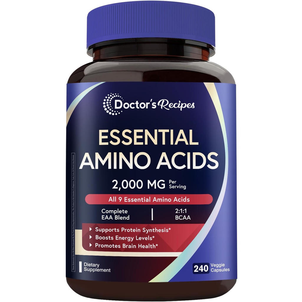 Recetas del médico Aminoácidos esenciales Suplemento, Todos los 9 Aminoácidos esenciales (EAA), BCAA 2:1, 240 cápsulas vegetales