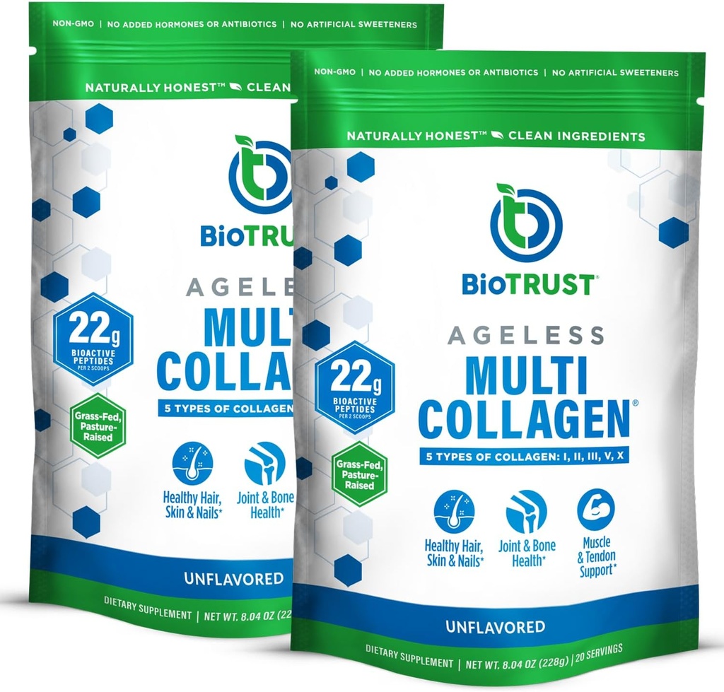 BioTrust Ageless Multi Collagen Protein Powder – 5 Tipos de colágeno (I, II, III, V, X) para el cabello, la piel, las uñas " juntas: carne de grano, pescado sostenible, membrana de pollo " .