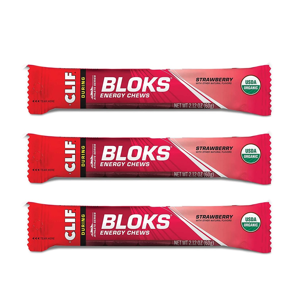 CLIF BLOKS - Cervezas de energía - Fresa- No GMO - Alimentación basada en plantas - Combustible rápido para Ciclismo y Running-Workout Snack (2.1 Ounce Packet, 3 Count)