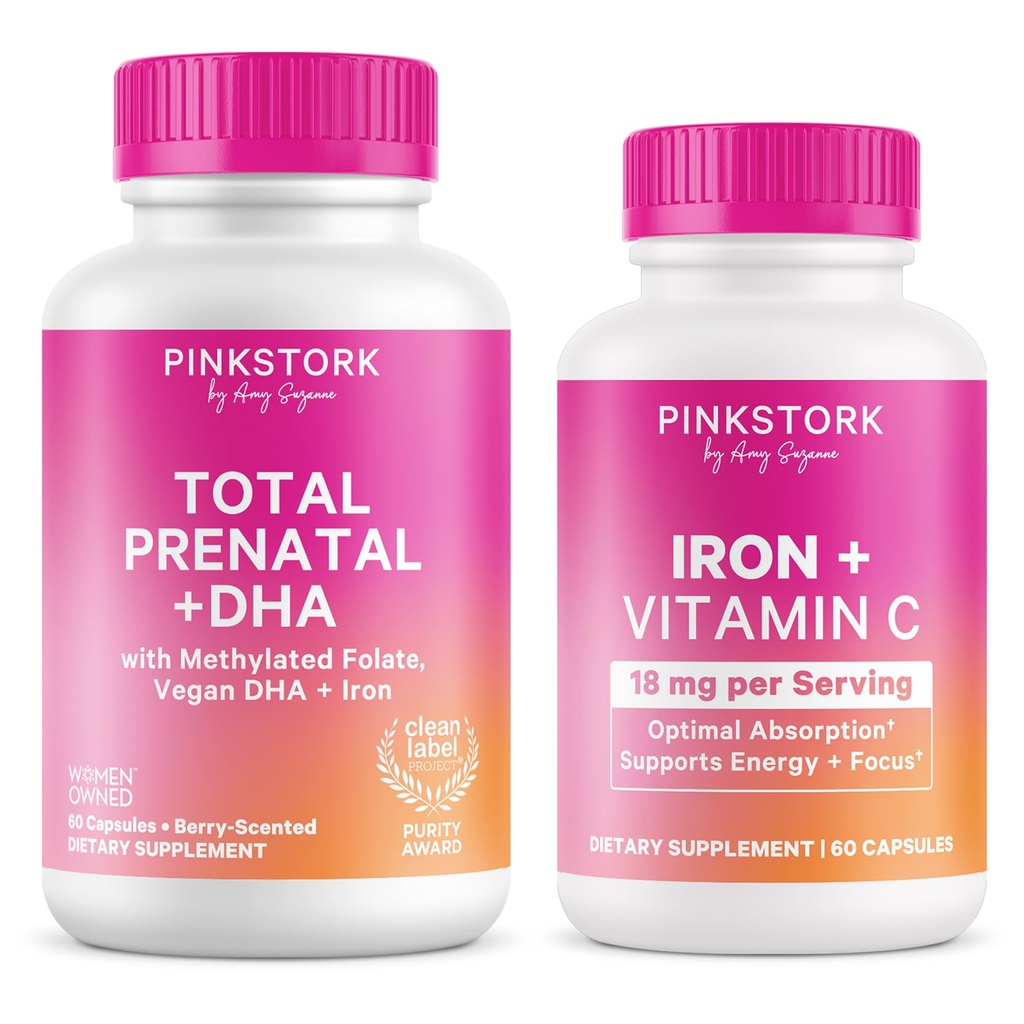 Pink Stork Prenatal + Iron Bundle - Total Prenatal with DHA, Iron Supplement, Prenatal Vitamin for Women