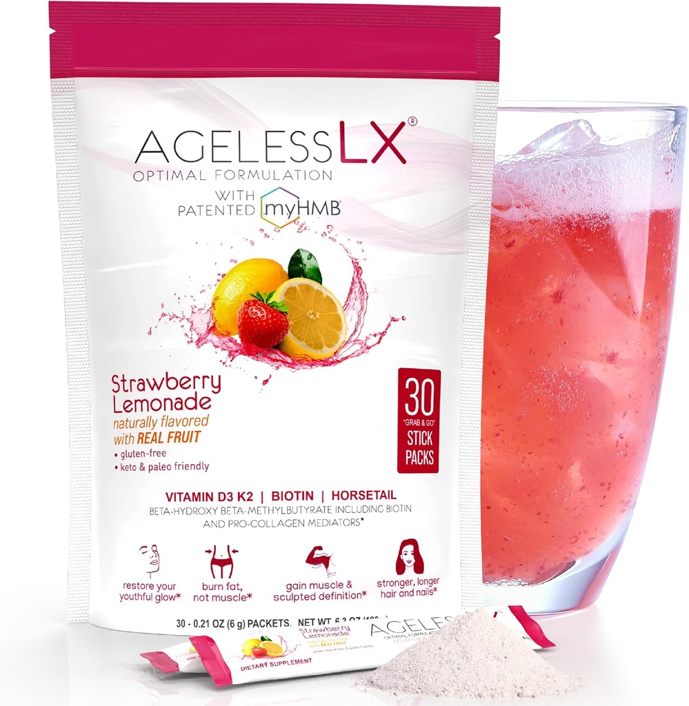 Suplemento de Polvo para Mujeres - con HMB Collagen Enhancer Plus Vitamina D3 con K2, Horsetail y Biotina para el músculo magro y pelo más fuerte y uñas - 30 envases de pólvora Strawberry Lemonade