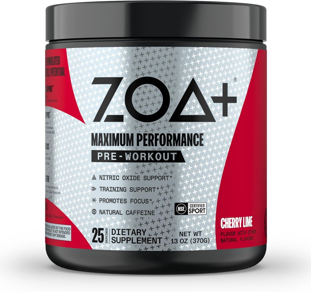 ZOA+ Zero Sugar Pre Workout Powder, Cherry Lime - NSF certificado para el deporte con electrolitos, creatina, Beta Alanine, Ginkgo Biloba, 200mg Caffeine - 25 Servings