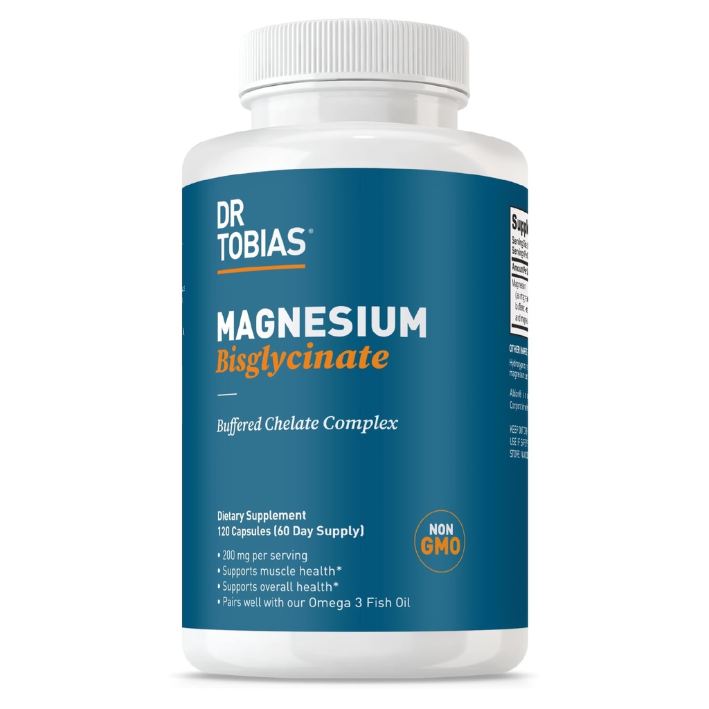 Dr. Tobias Magnesium Bisglycinate, High Absorption Magnesium Buffered Chelate Complex, 200 mg por cápsula, Supports Energy, Muscle, Bone & Joint Health, Non-GMO Magnesium Supplement, 120 Capsules