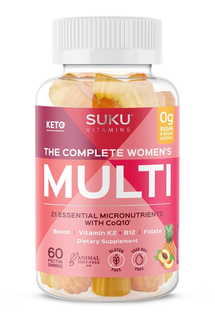 SUKU Vitaminas - Multi Mujer Completa - con Boron, Vitamina K2, B12, A y Más para la Salud de las Mujeres - Fácil de Agarrar - No GMO, Azúcar Gluten Libre - Pineapple &amp; Peach Sabored Gummy Vitaminas, 60 Cuenta