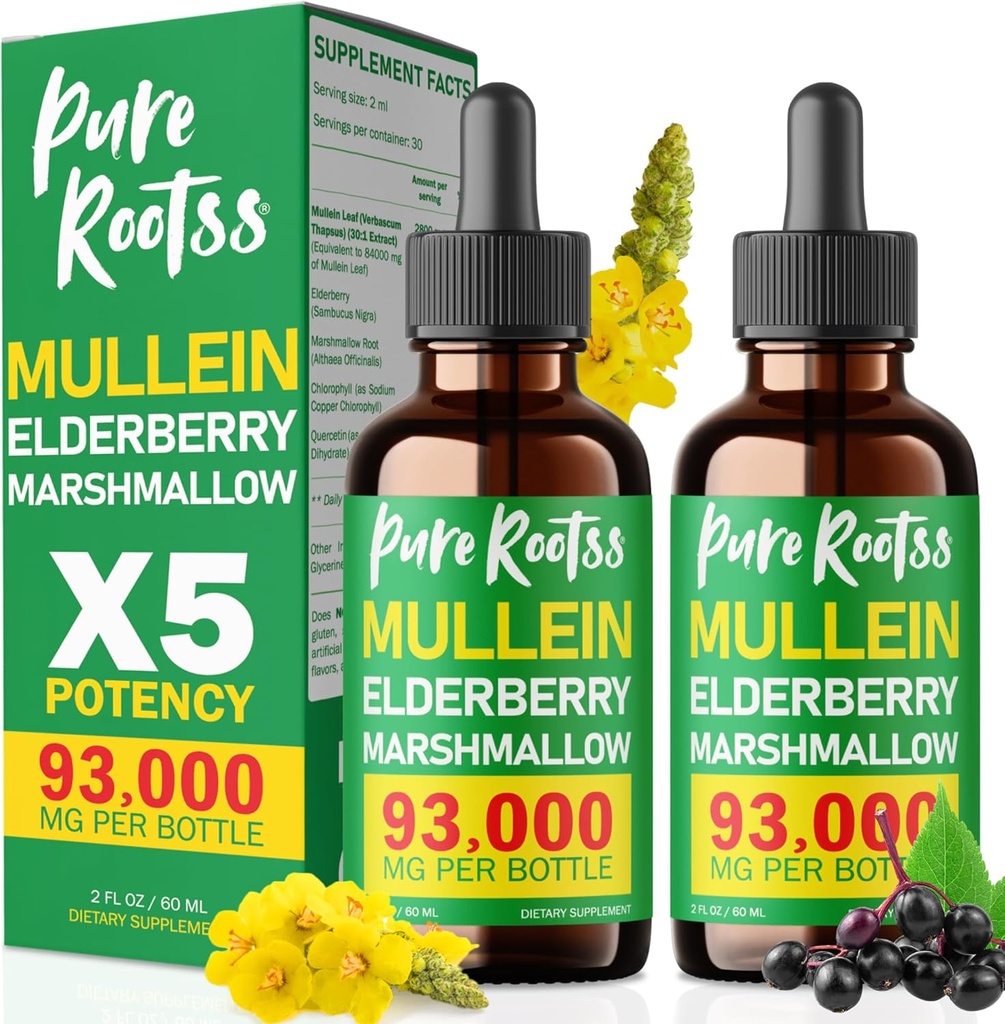 5-in-1 Mullein Chlorophyll Drops for Lungs Pack 2, 93,000MG Active with Elderberry, Marshmallow Root & Quercetin - Suplemento herbal, 2 Fl Oz