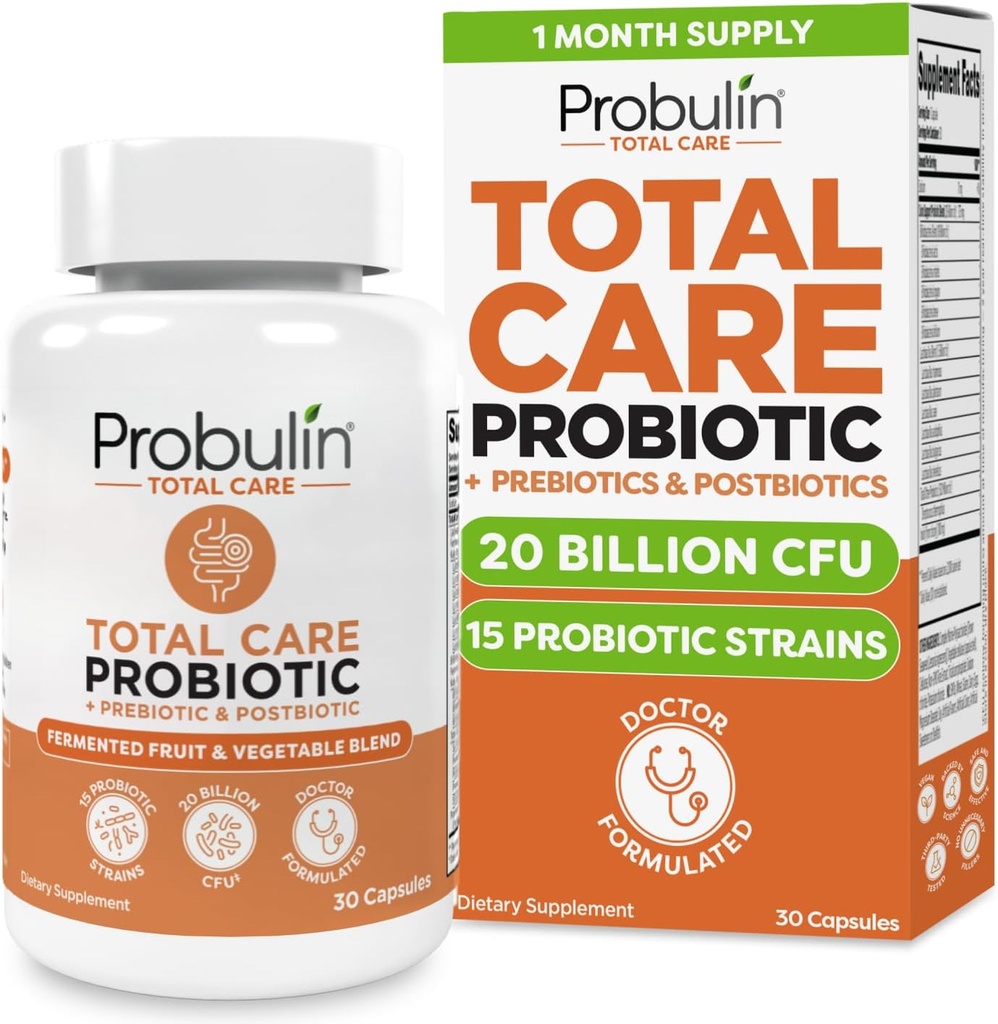 Probulina Total Care Probiotic Supplement, Daily Gut, Digestive, and Immune Health Probiotics Capsules for Men and Women, 20 Billion CFU, Vegan, 30 Count Bottle
