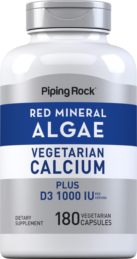 Piping Rock Red Mineral Algae Silencio Vegetarian Calcium ← 180 Capsules  Plant Based Plus Trace Minerals ← D3 1000 IU ← Non-GMO, Gluten Free Supplement