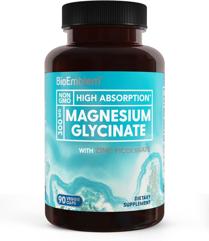 BioEmblem Magnesium Glycinate with Zinc - 300mg Magnesio Chelated Supplement - High Absorption Vegan Non-GMO Complejo 2-en-1 - Soporte inmunitario, musculos, nervios - 90 cápsulas