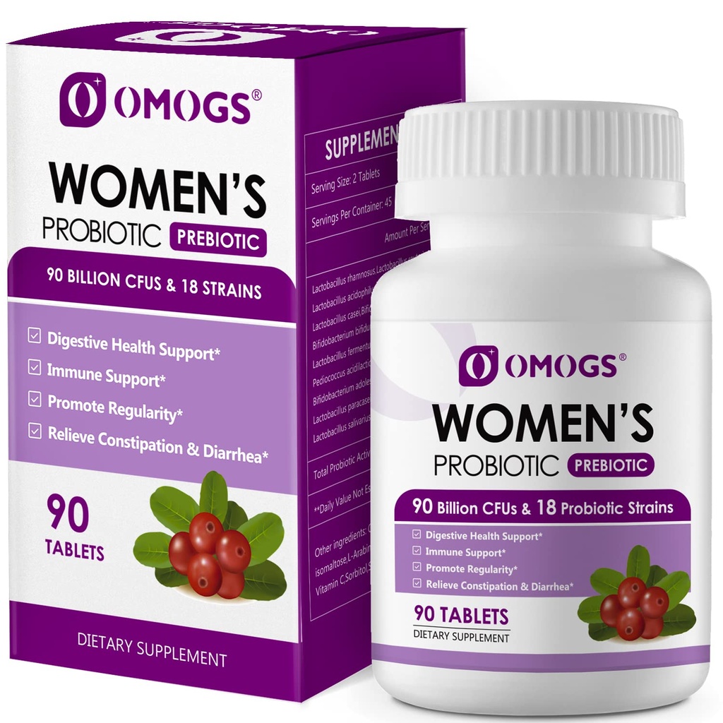 Probiótico de mujeres OMOGS, con extracto de arándano, prebióticos orgánicos " Vitamina C, 90 millones de UFC, 18 helenas, ayuda para inmune, digestivo, salud de Gut " Salud de las mujeres, gluten " Soy Gratis,90 Tabletas