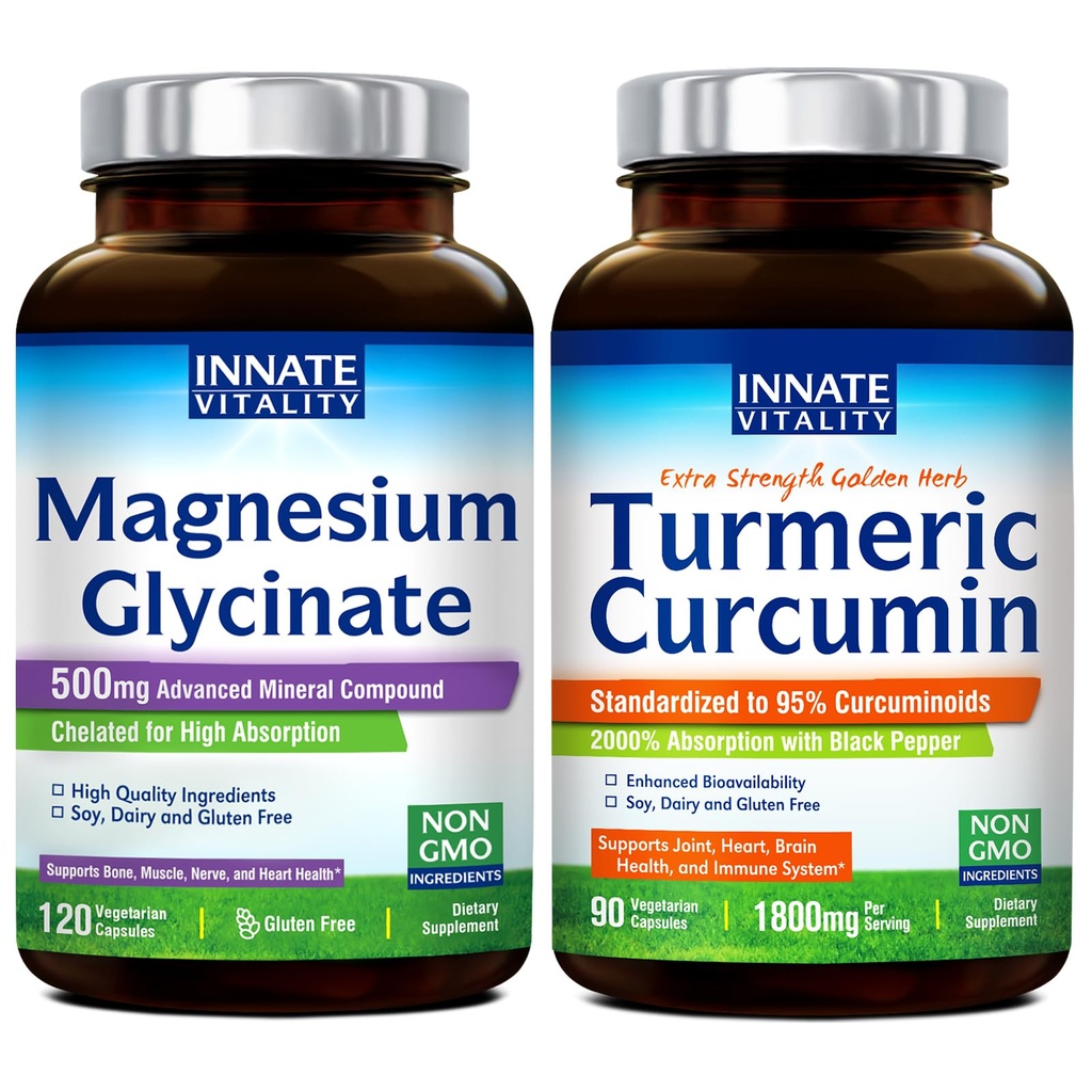 Innato Vitality Magnesium Glycinate & Turmeric Bundle, High Absorption, Joint, Muscle & Nerve Health, Black Pepper Extract, Bundle & Save, 120 Capsules & 90 Capsule