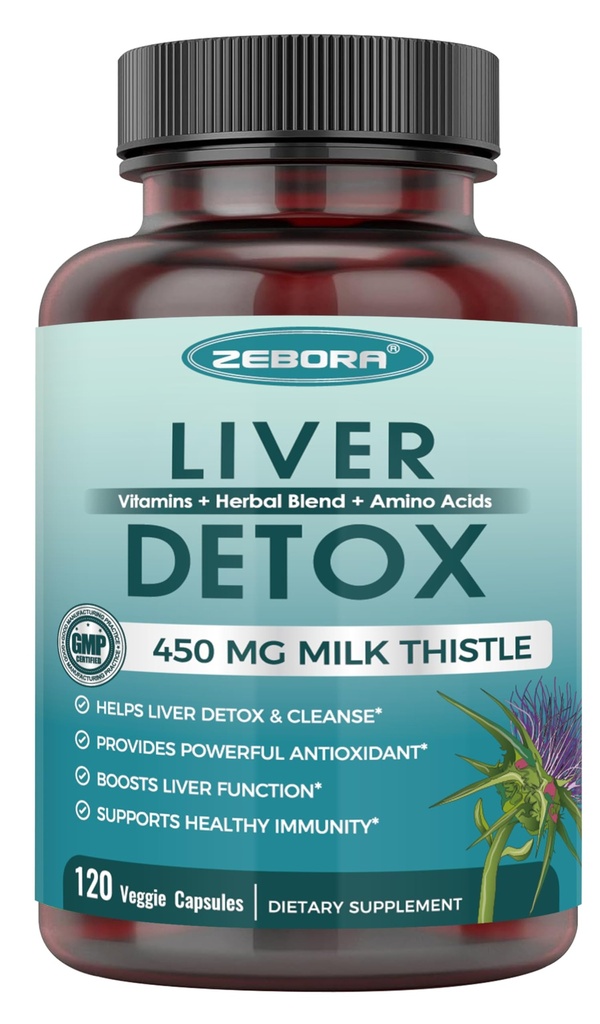 Suplemento de hoja de leche para la limpieza del hígado Detox " Reparación, Suplemento de hígado con 450 mg Extracto de cardo de leche (80% de silicona) para el soporte y la salud del hígado, libre de transgénicos, 120 cápsulas de verduras (60 días-supply)