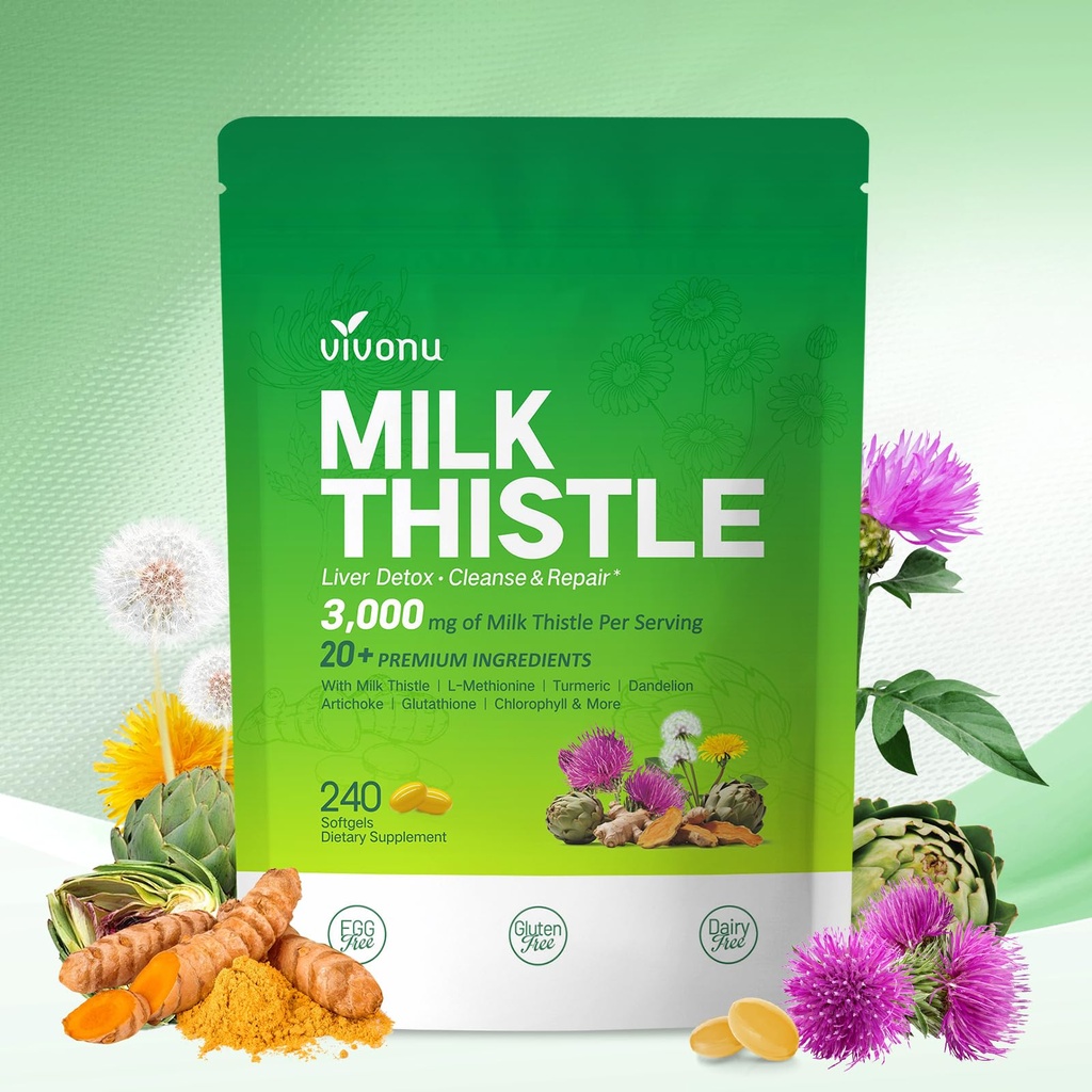 Milk Thistle Liver Detox Capsules, 3000mg Liver Cleanse Detox & Reparación, 20-in-1 Advanced Support Complex with Milk Thistle, NAD, NAC, ALA, Dandelion,Glutathione, Artichoke, Turmeric, More 240 Softgels