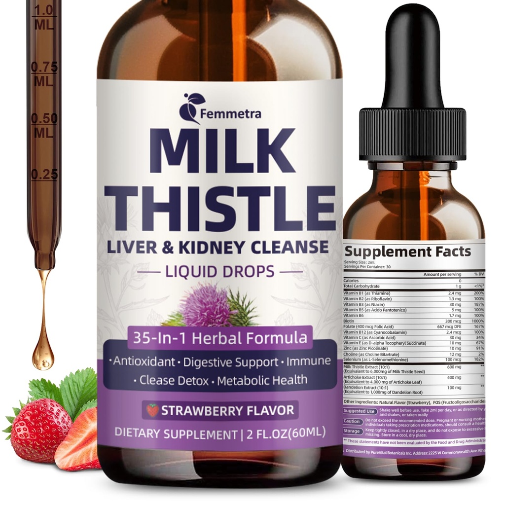 Leche Thistle Extraer gotas líquidas para la limpieza del hígado Detox " Reparación, 35-IN-1 Kidney Support Suplemento con Artichoke " Dandelion for Urinary Tract, Bladder, Vegan, No GMO, Strawberry Flavor, 2 FL OZ