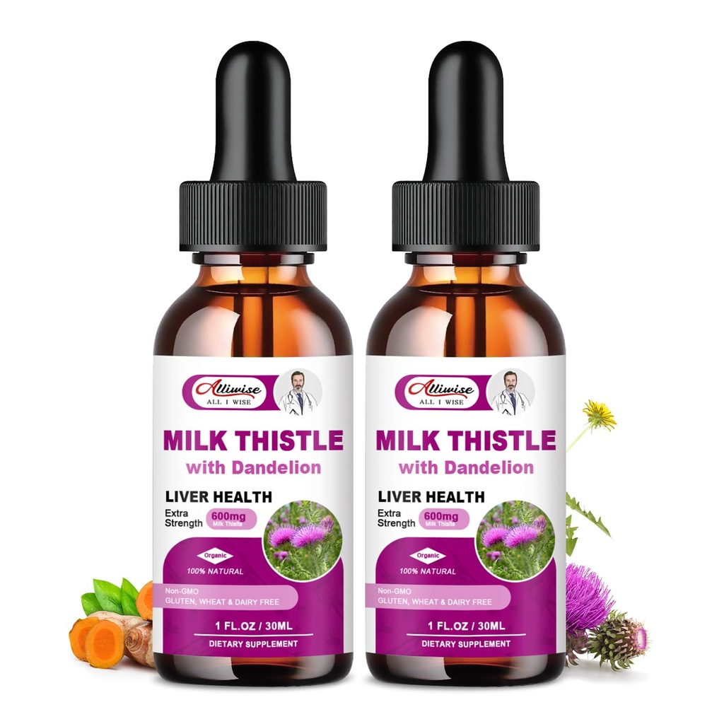 Liver Health Support Liquid 2 Pack,600mg Milk Thistle 80% Silymarin Extract &amp; 250mg Dandelion Root Extract, Liver Cleanse Detox &amp; Repair Fatty Liver Formula, Vegan, Non-GMO y All-Natural