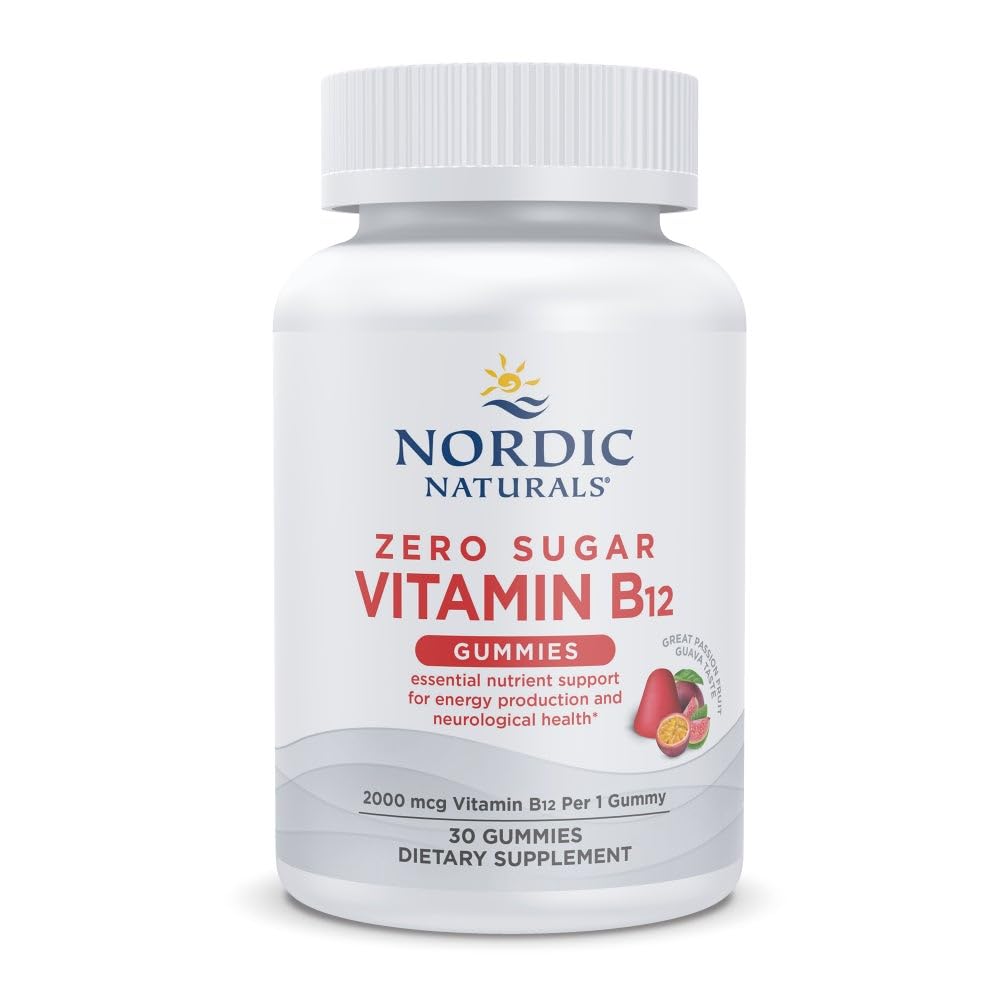 Naturales Nórdicos Cero Sugar Vitamina B12 Gummies - 2000 mcg Vitamina B12 por Gummy, Pasión Fruta Guava Flavor - 30 Gummies, Esencial Nutriente Apoyo para la Producción Energética y Salud Cerebro, 30 Servimientos