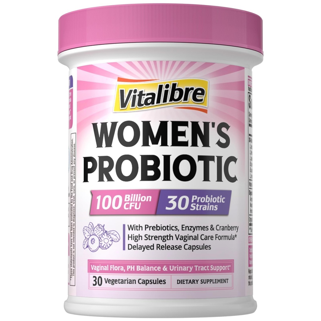 Probióticos Vitalibre para Mujer 30 Strains, 100 millones de probióticos vaginales CFU con enzimas digestivas, prebióticos & arándanos para la salud de la tracto urinaria, pH Balance, 30 cápsulas vegetarianas