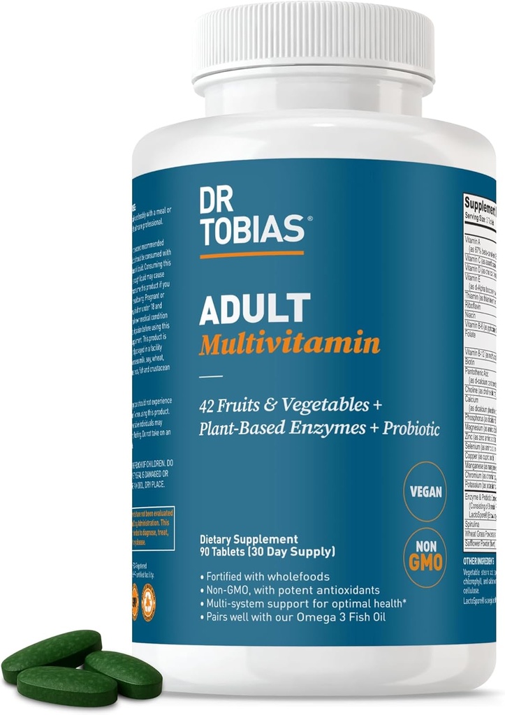 Dr. Tobias Suplemento Multivitamínico Adulto, Hecho con 42 Frutas & Verduras, Probióticos Añadidos, Vegan & No GMO Multivitaminas para Hombres & Mujeres, Apoya Energía, Metabolismo & Sistema Inmunitario
