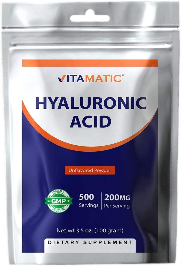Vitamatic Hyaluronic Acid Powder 200mg - Apoya tejido conectivo saludable y articulaciones - Promover la piel saludable juvenil - 100 gramos