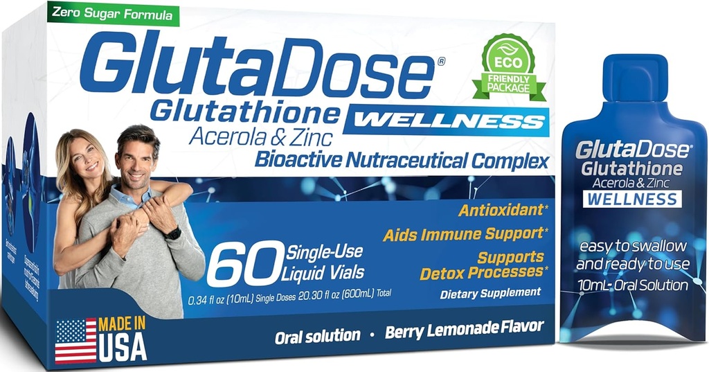 Glutathione líquido suplemento, Lemon Berry Flavored Acerola Energy Booster w/Zinc, Vitaminas diarias & minerales, Zero Sugar Formulation, Todos los días Auto-Inmune Support for Adults, 0.34 fl oz, Pack de 60