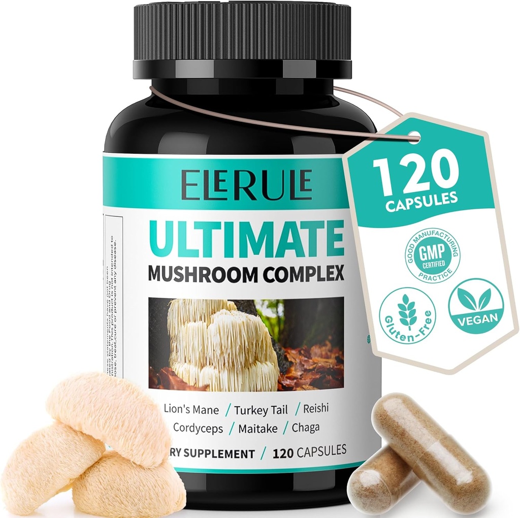 6 en 1 Mushroom Supplement - Focus, Memory, Nootropics Brain & Immune Support Mushroom Complex with Lions Mane, Reishi, Cordyceps, Chaga, Turquía Tail, Maitake (120 Capsules)