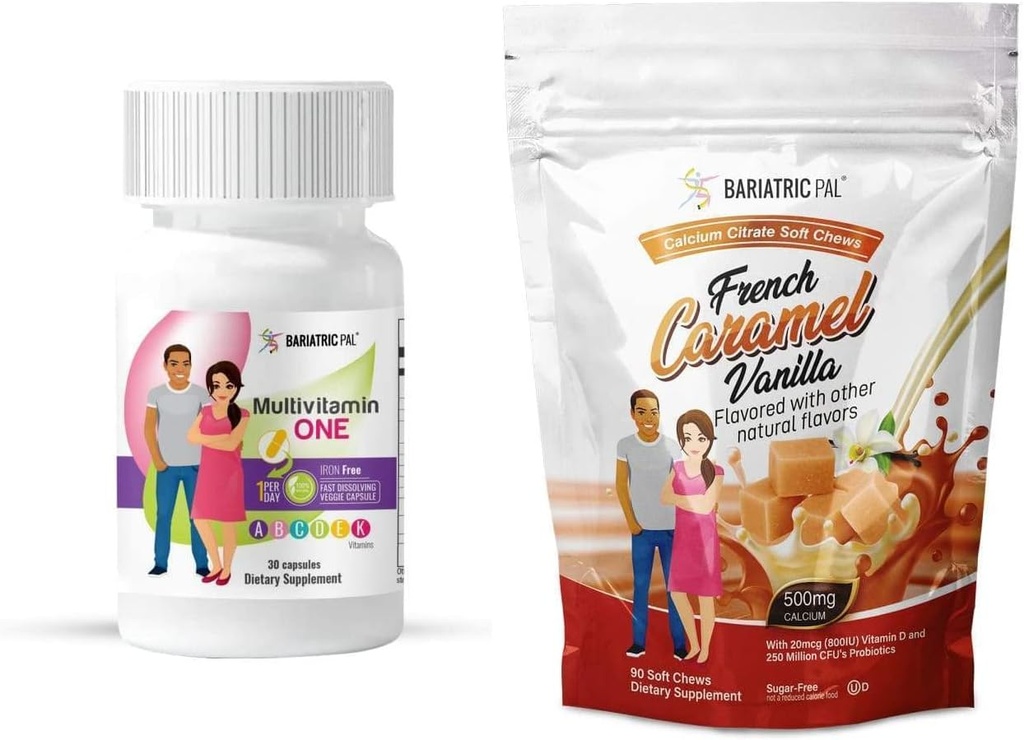 BariatricPal Duodenal Switch Complete 30-Day Supply Vitamin Pack (Iron-Free Capsule Calcium Citrate Soft Chews with Probiotics - French Caramel Vanilla)