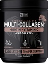 Péptidos Multi Collagen Premium Pólvora Proteína (1, 2, 3, 5 & 10) con Vitamina C, Biotina, Ácido Hialurónico, para la piel del cabello y uñas - Marine, Bovine, Pollo & Eggshell (Chocolate, 45 Servings)