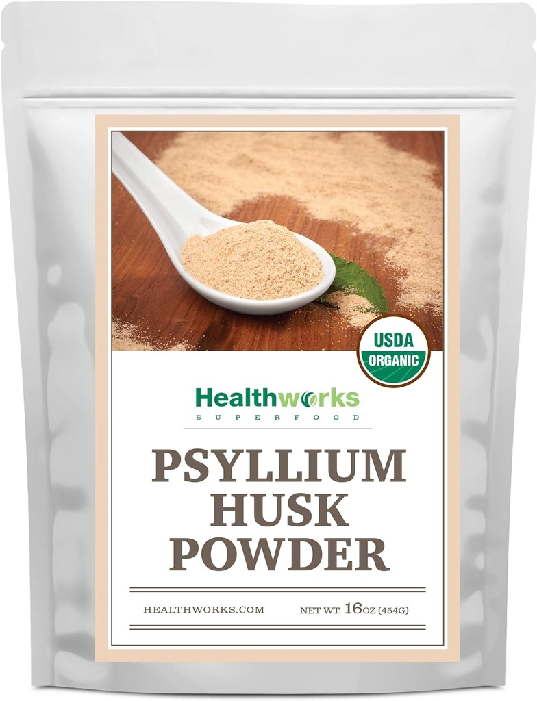 Saludos Psyllium Husk Polvo Orgánico -16 Oz / 1 Lb - Raw - Certified Organic - Finely Ground Powder de India - Keto, Vegan " Non-GMO - Soporte de fibra