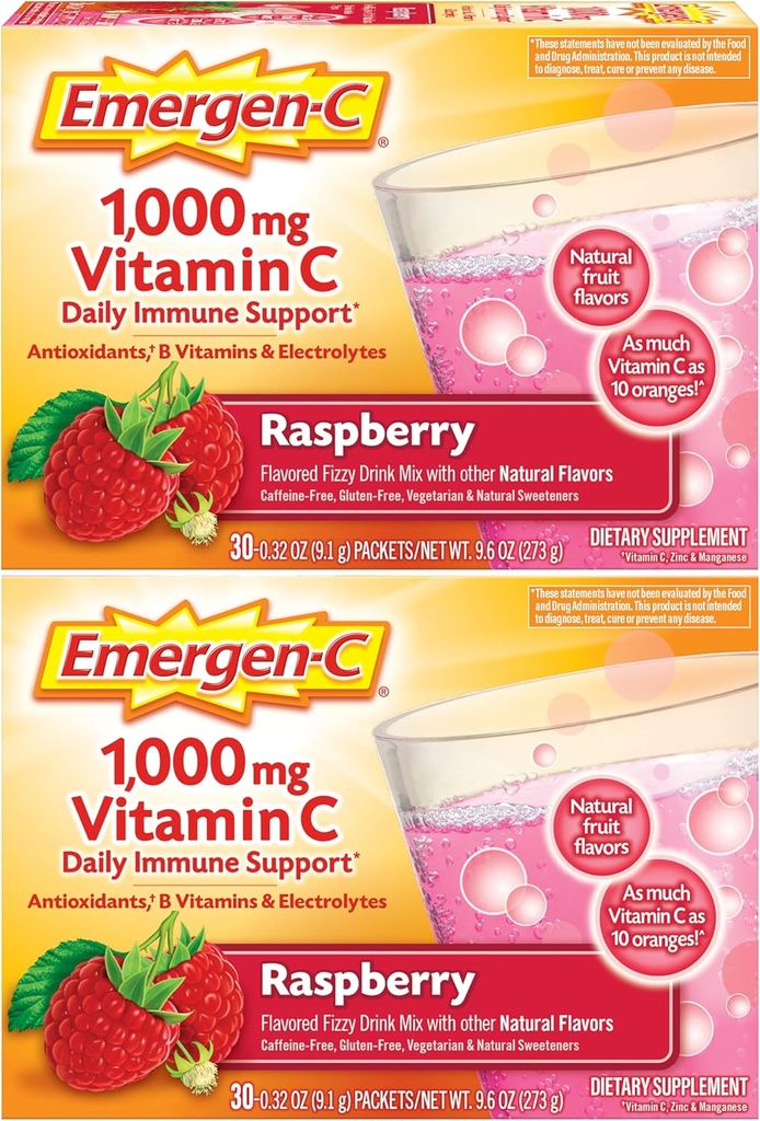 Emergen-C 1000mg Vitamina C Powder, con Antioxidantes, vitaminas B y electrolitos, suplementos de vitamina C para soporte de inmuno, mezcla de bebidas sin cafeína, sabor a frambuesa - 60 Conteo/2 Mes